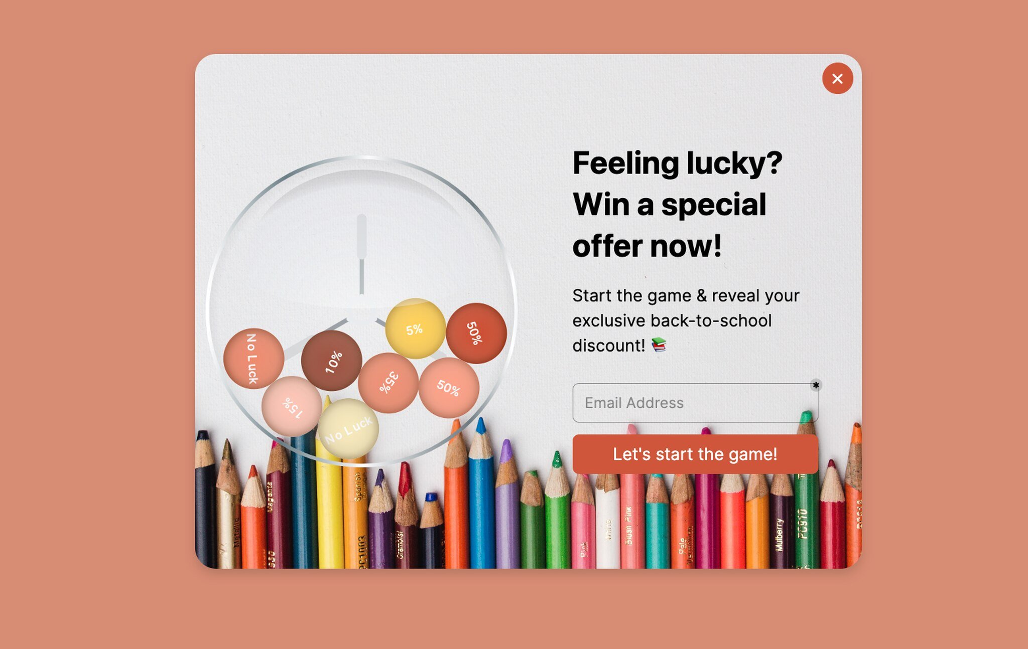 Lottery ball gamification back-to-school popup with the headline 'Feeling lucky? Win a special offer now' and animated lottery balls