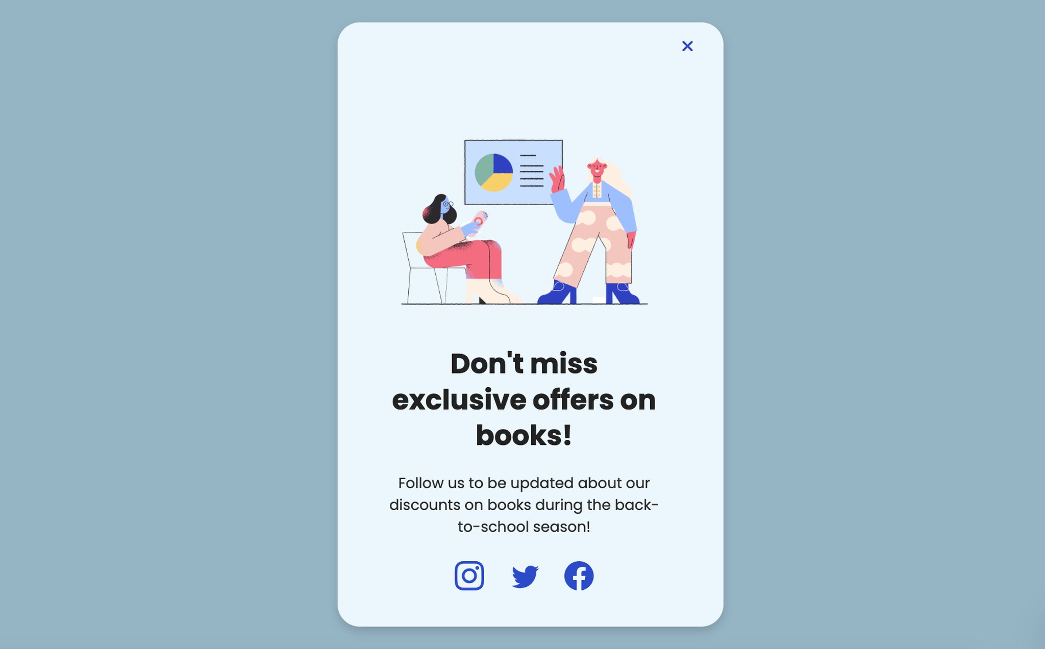 Back-to-school popup with social media share buttons and the headline 'Don't miss exclusive offers on books'