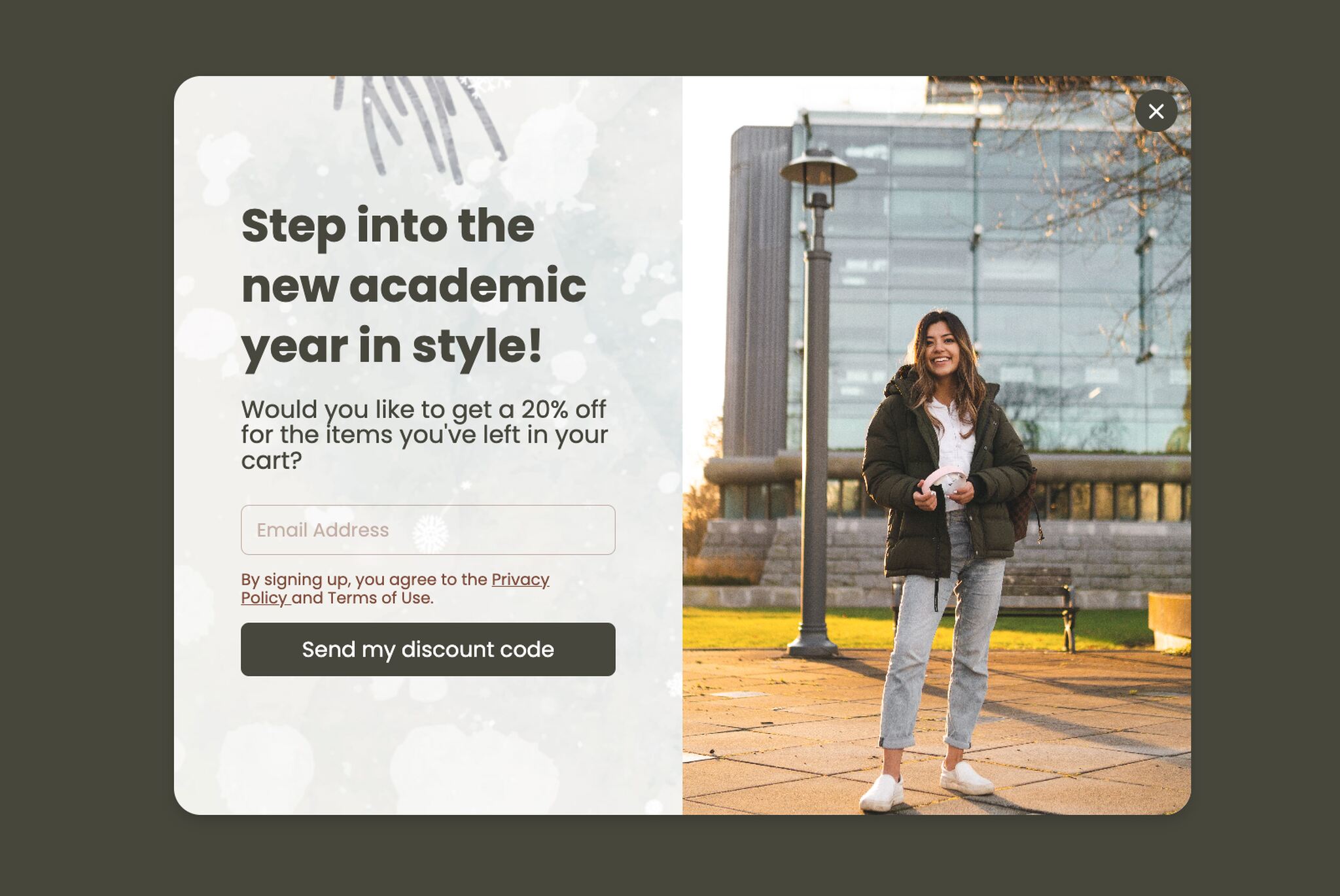 Cart abandonment popup with the headline 'Step into the new academic year in style' and a discount offer