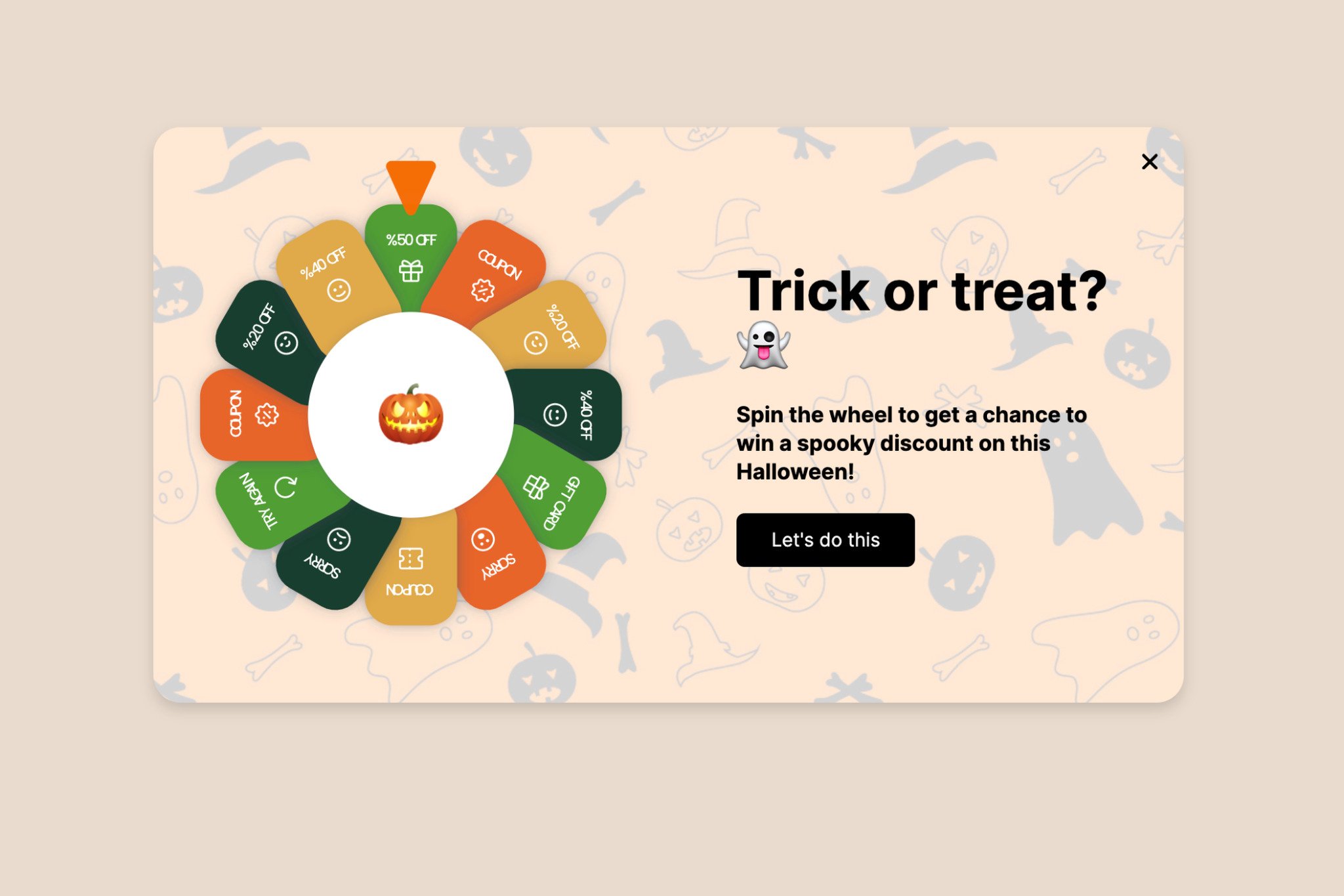 Cadılar Bayramı temalı arka plan ile "Şeker mi şaka mı" yazan bir tekerlek popup örneği