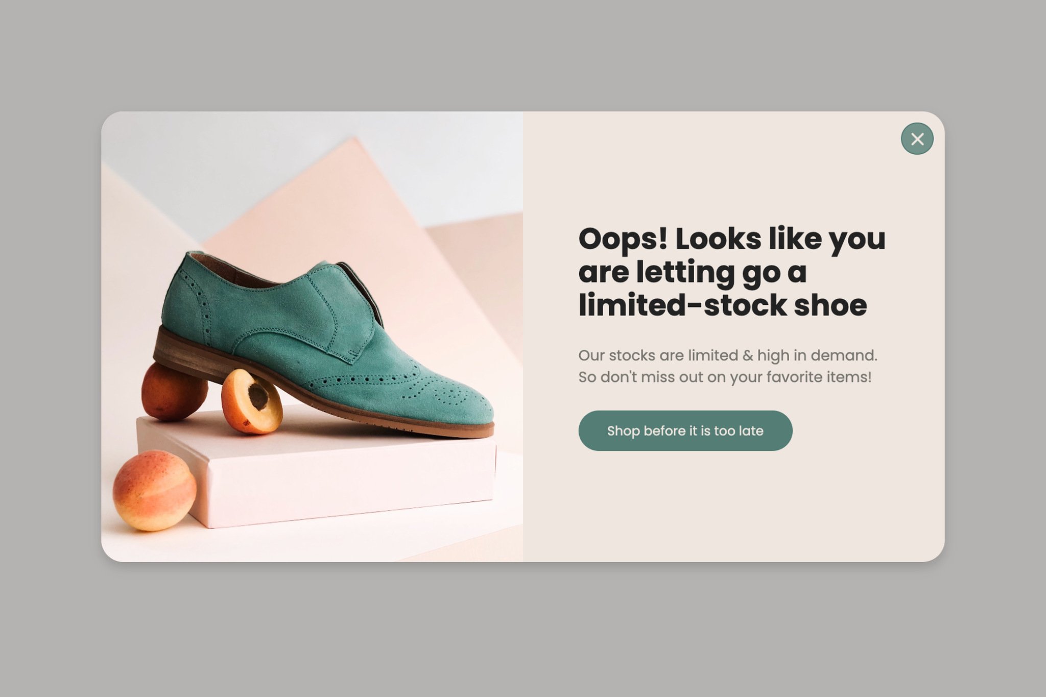 Aciliyet hissi olan "Hata! Sınırlı stoktaki bir ayakkabıyı bırakıyor gibi görünüyorsunuz" yazılı harekete geçirici mesaj pop-up
