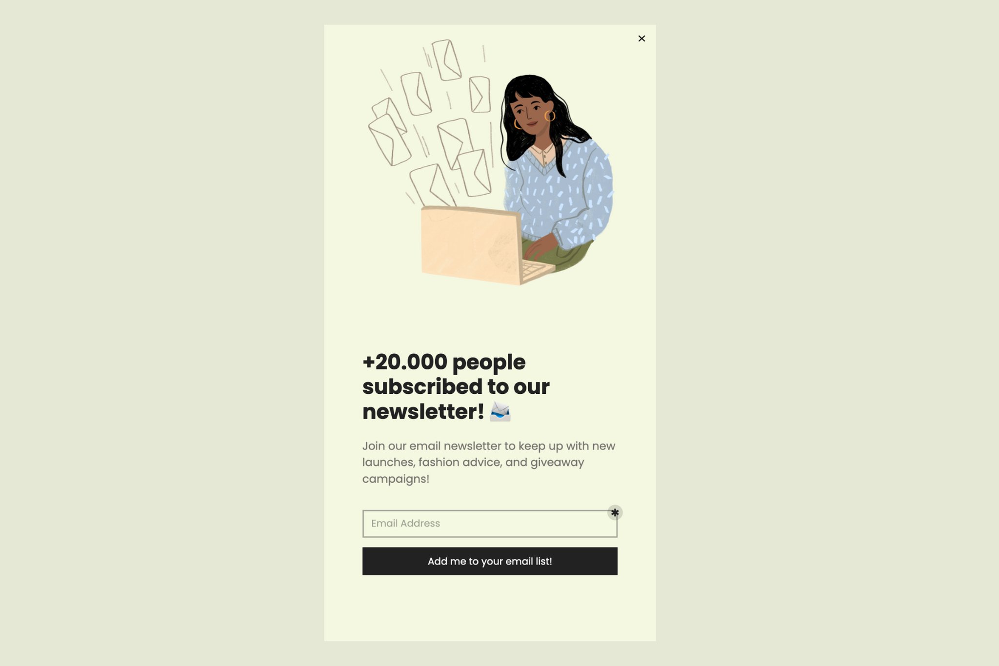 Sosyal kanıt içeren bülten pop-up örneği "+20.000 kişi bültenimize abone oldu" diyen ve bilgisayara bakan kız illüstrasyonları