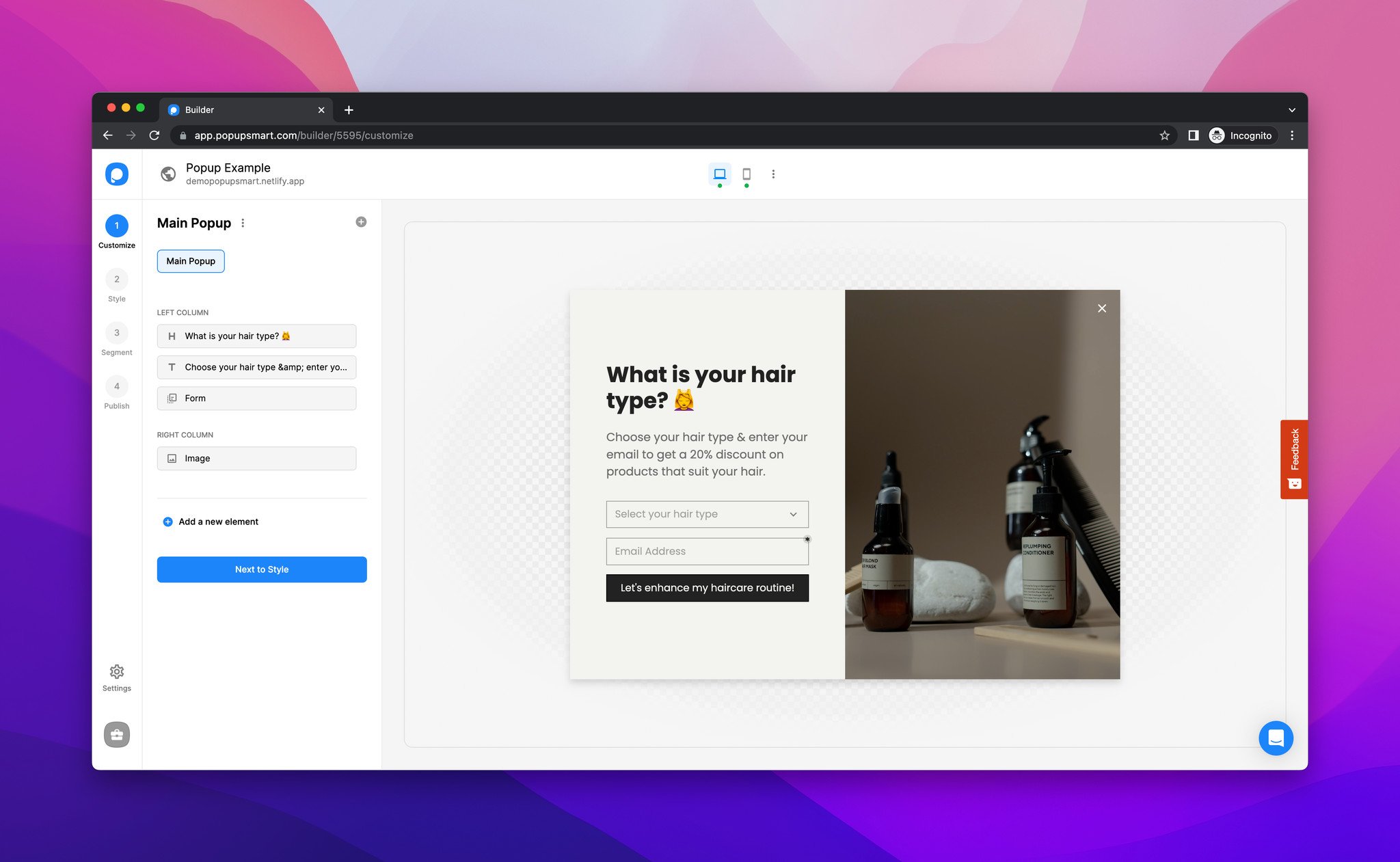 Popupsmart yapıcısında pop-up kampanyasını özelleştirme