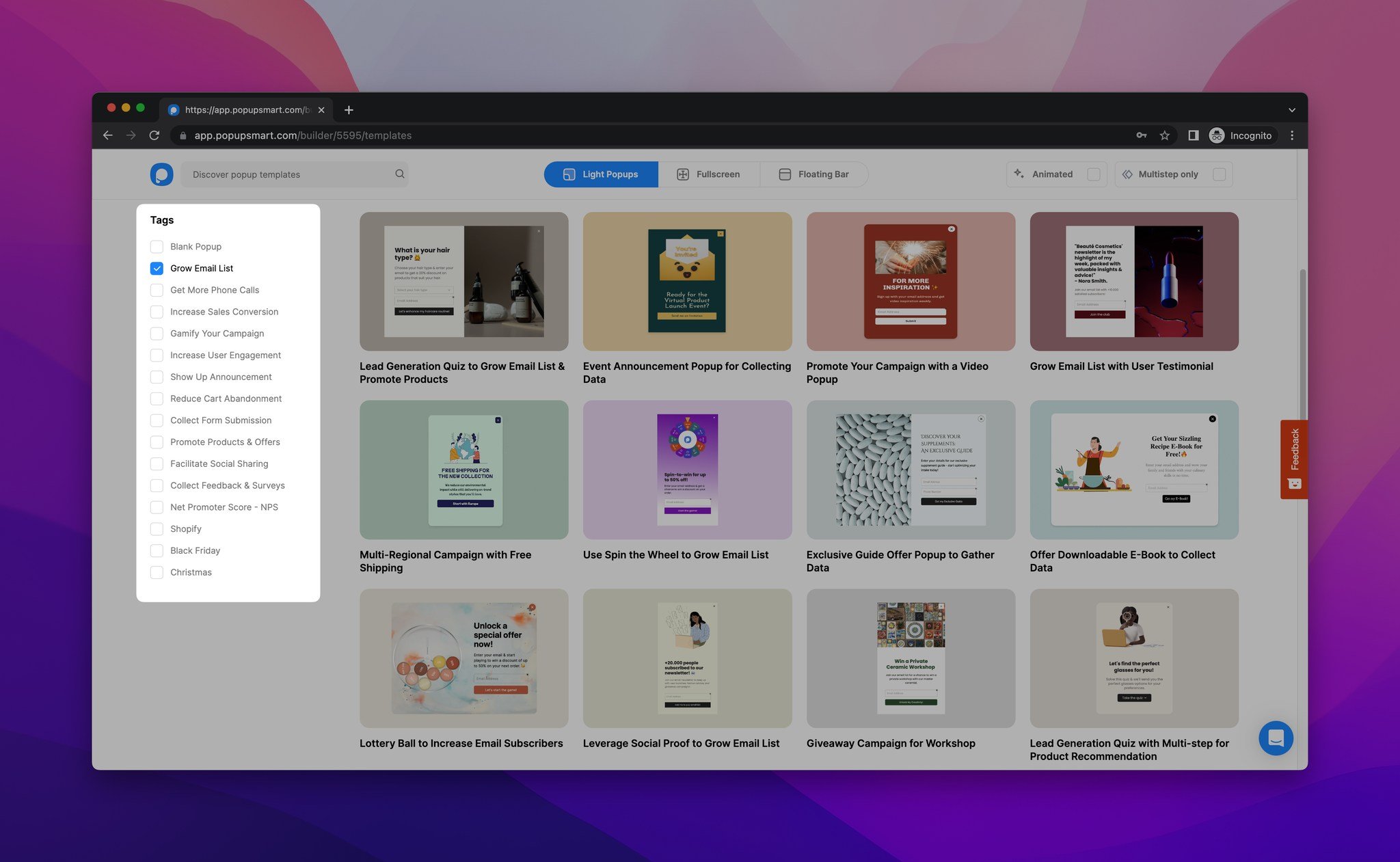 popup seçim sayfasından iş amacını seçme