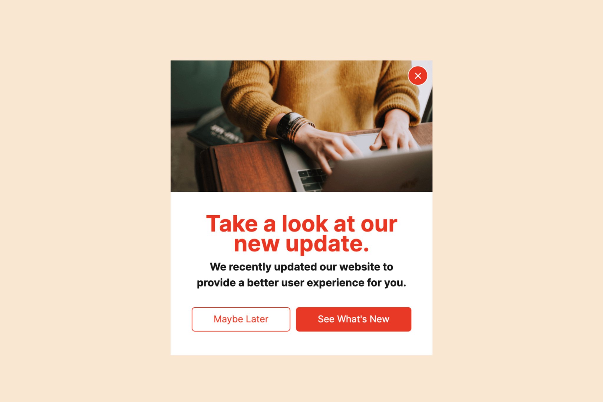 Ürün güncelleme pop-up örneği, başlık olarak "Yeni güncellememize göz atın"