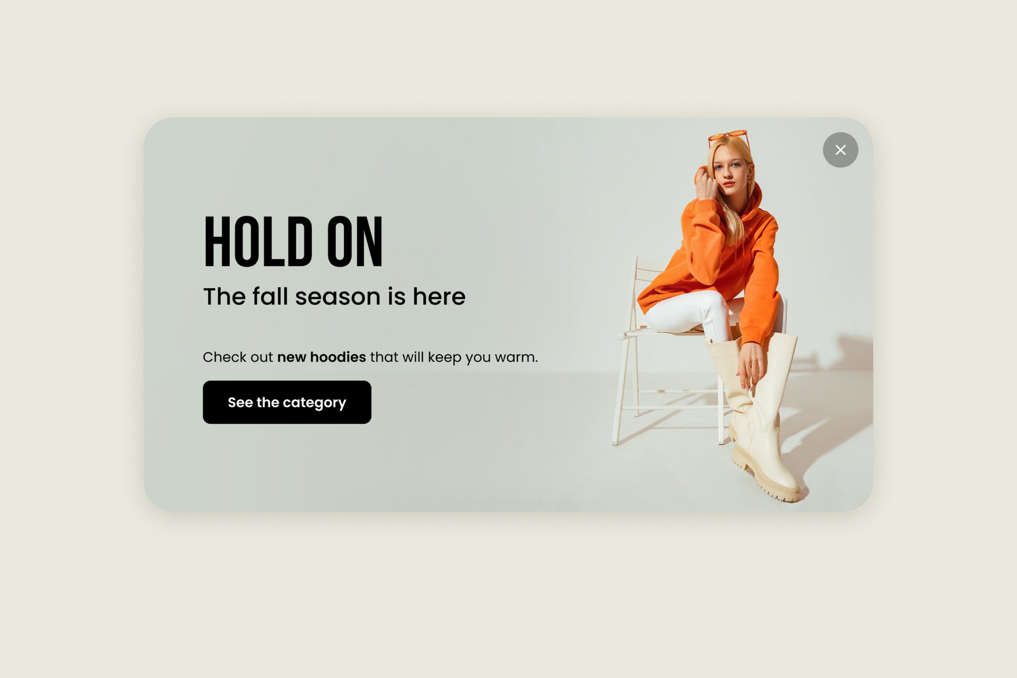 Hold on yazan pop-up tasarımı örneği ve sağda bir kız