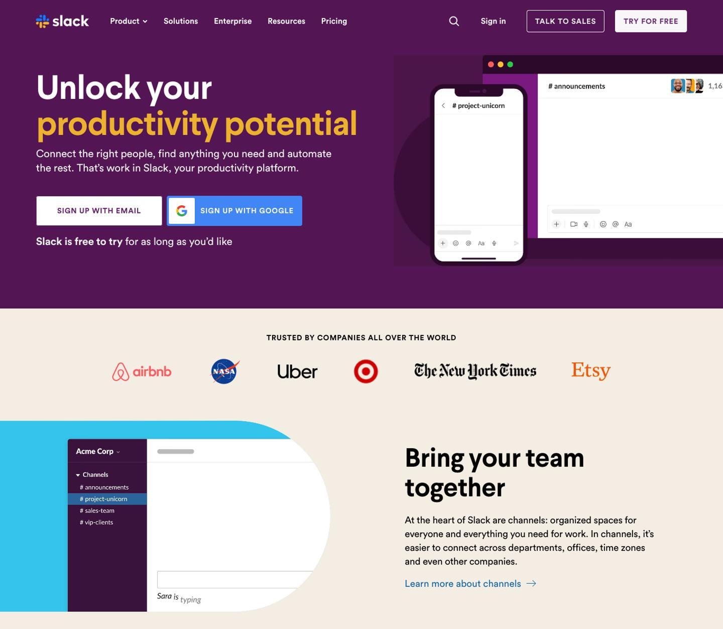 Slack SaaS landing page screenshot