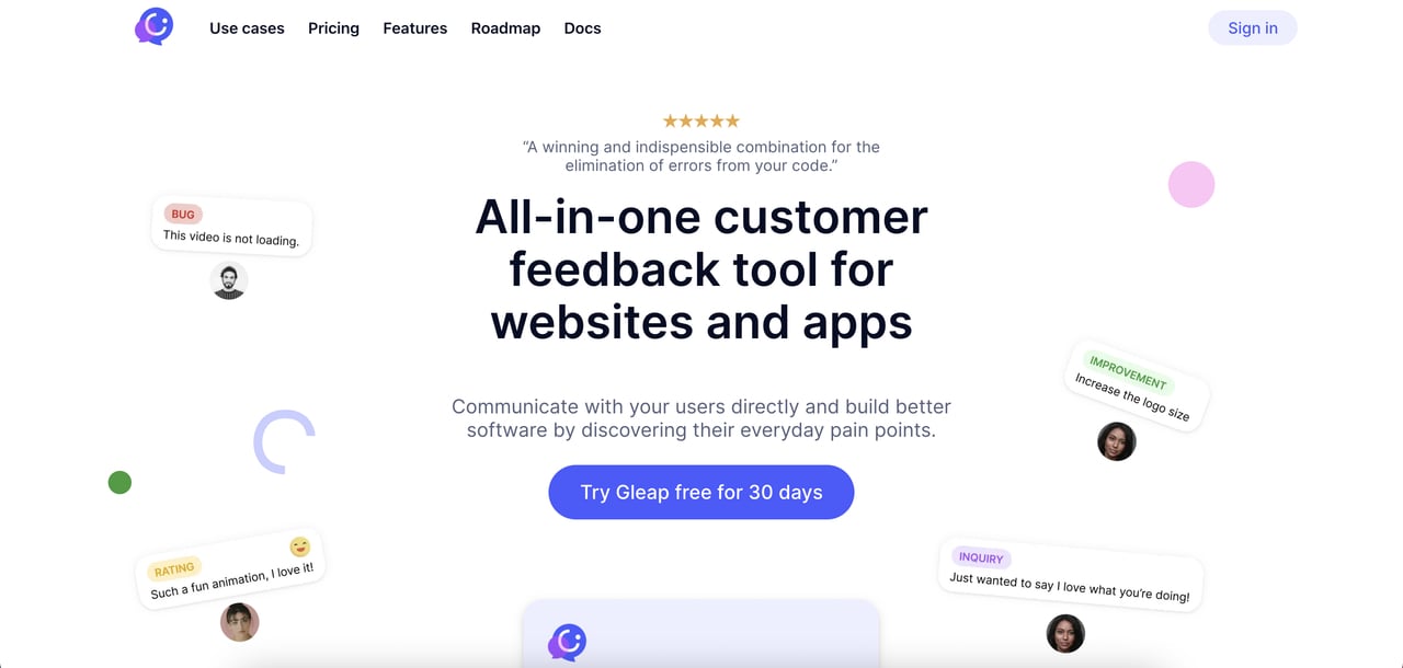 Gleap SaaS landing page screenshot