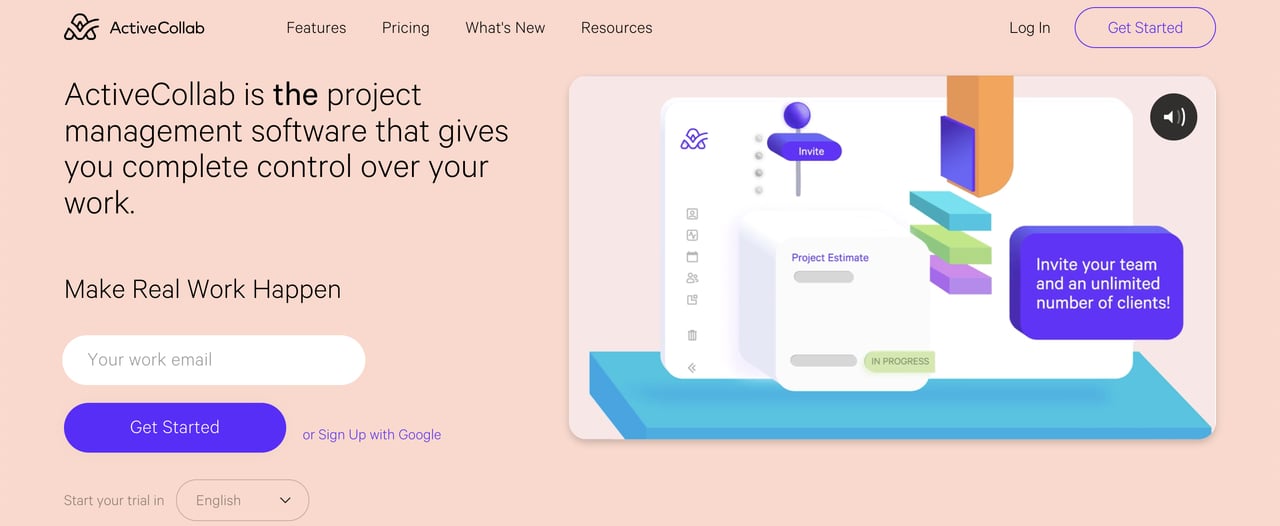ActiveCollab SaaS landing page screenshot