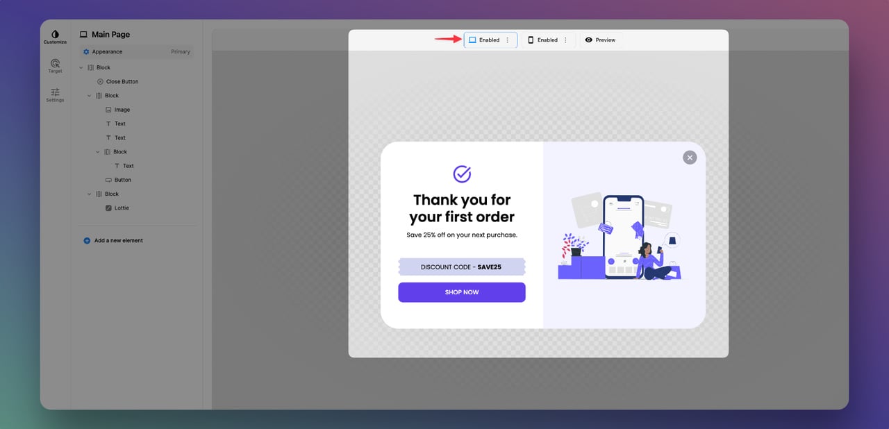 Popupsmart, pop-up oluşturucu panosunun masaüstü için özelleştirilmiş pop-up tasarımı oluşturma adımını gösteren bir ekran görüntüsü