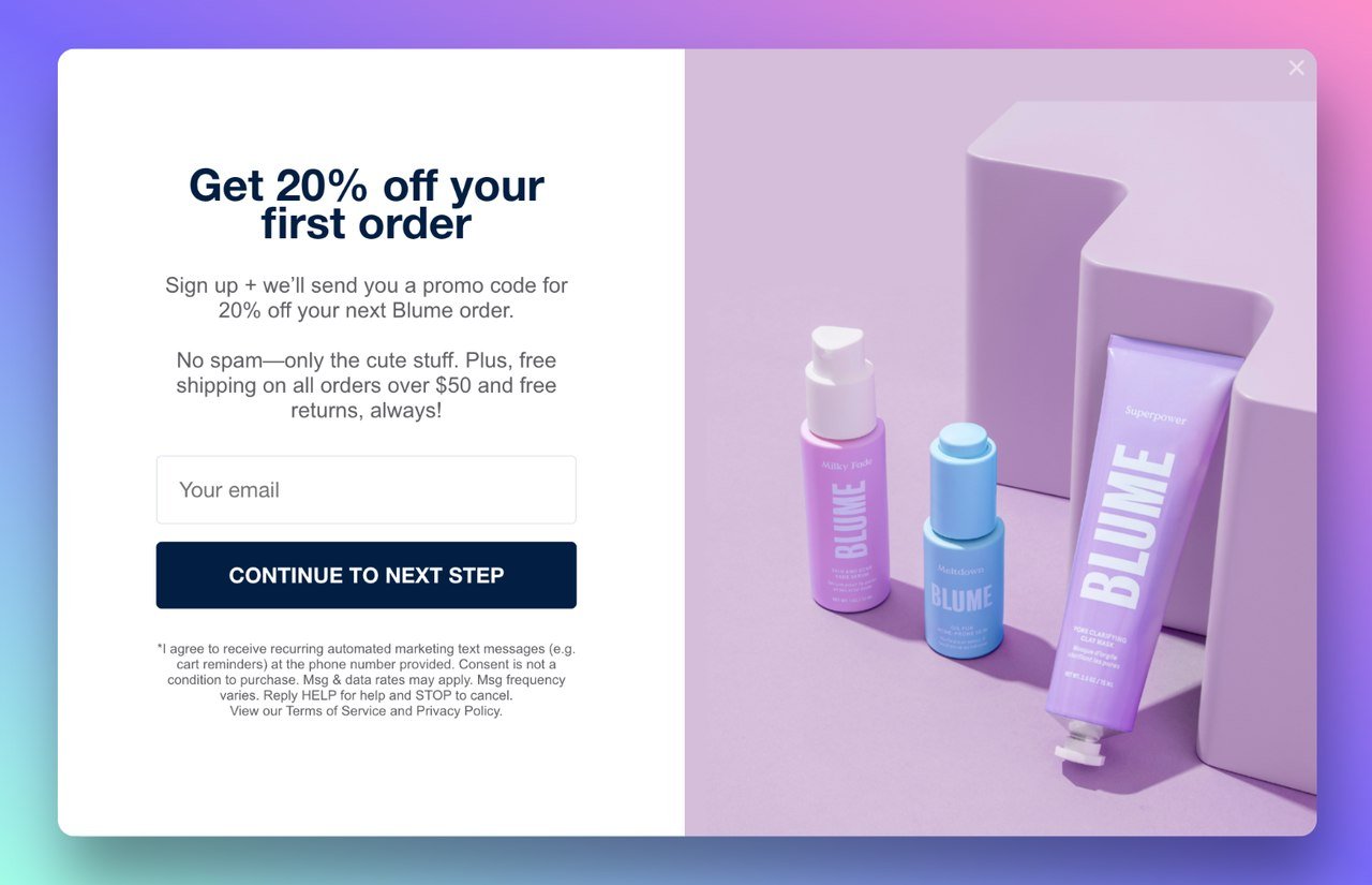 Blume popup tasarım örneği, sağda markanın ürün resmi ve %20 indirim kampanyası ile