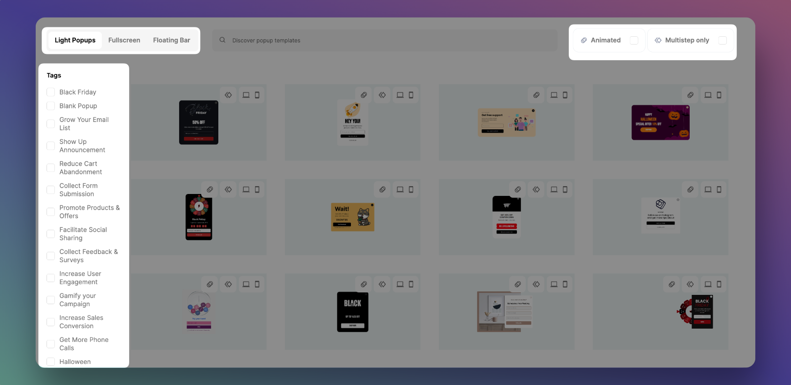 Popupsmart popup oluşturucu panosunda hedefler seçiliyor