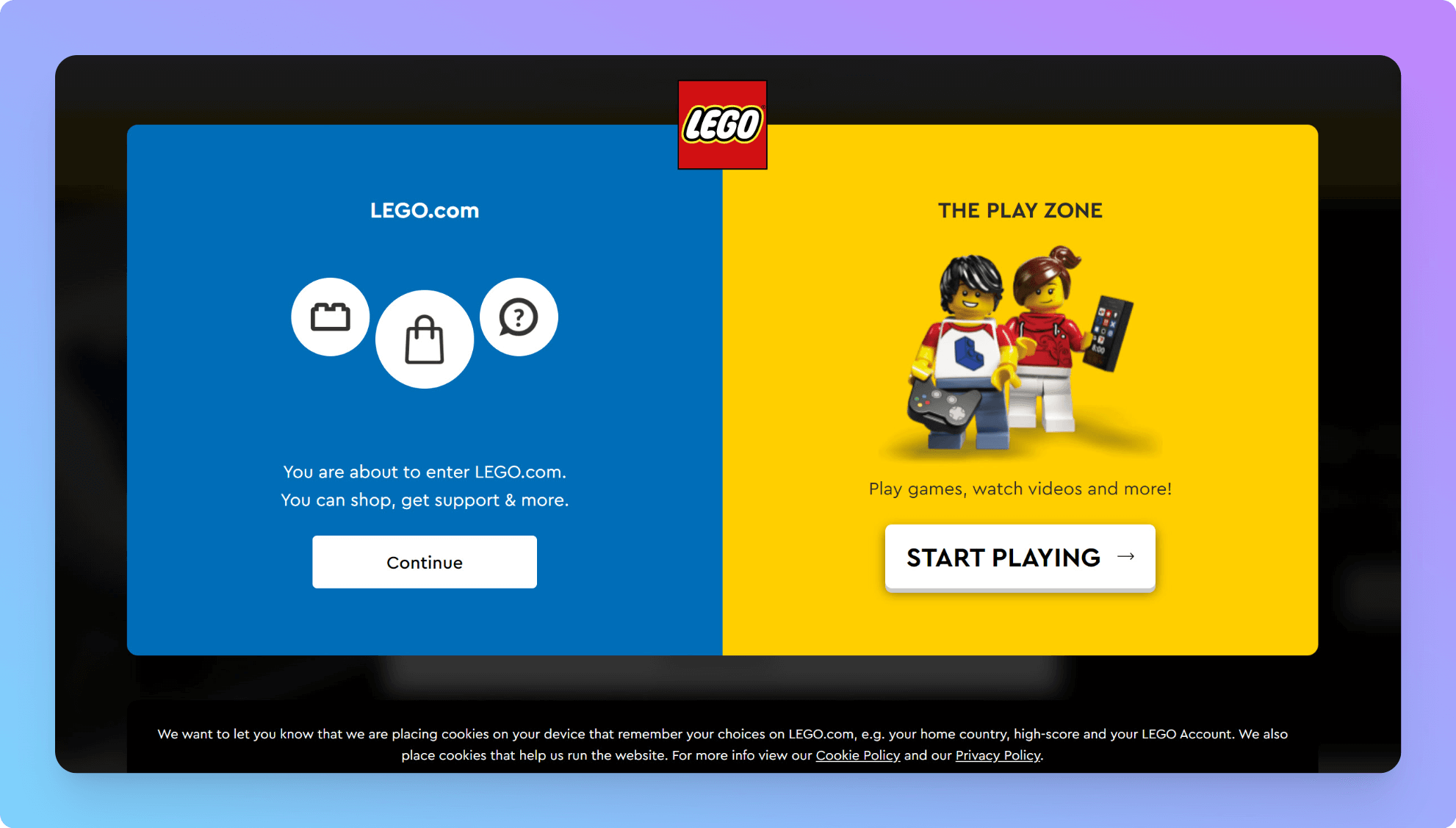 Kullanıcıların web sitesindeki iki farklı bölüme iki farklı harekete geçirici mesaj ile yönlendirilmesini sağlayan bir Lego pop-up tasarımının ekran görüntüsü
