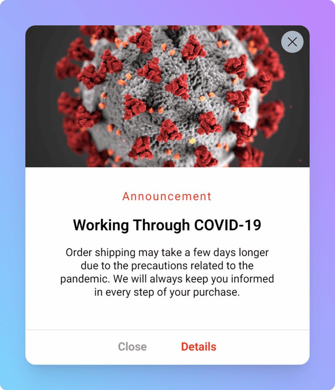 COVID popup tasarımının, virüs resmi ve iyi bir CTA gösteren bir ekran görüntüsü