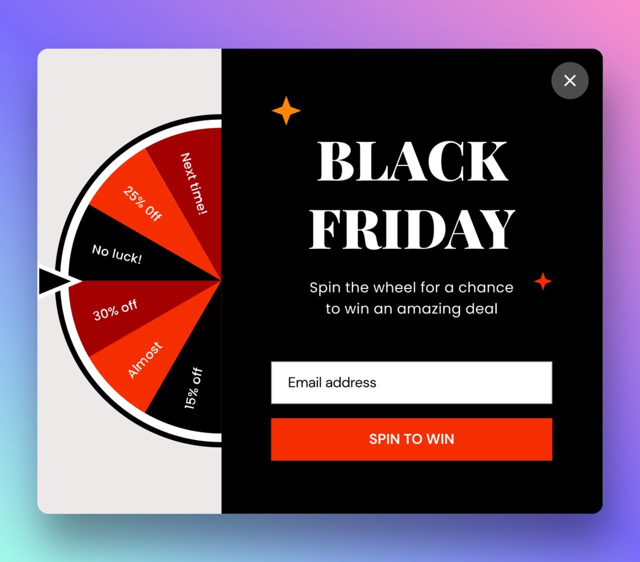 Kara Cuma tekerlekli pop-up oyunlaştırma örneği, kullanıcıların e-posta adresi karşılığında indirim sunuyor