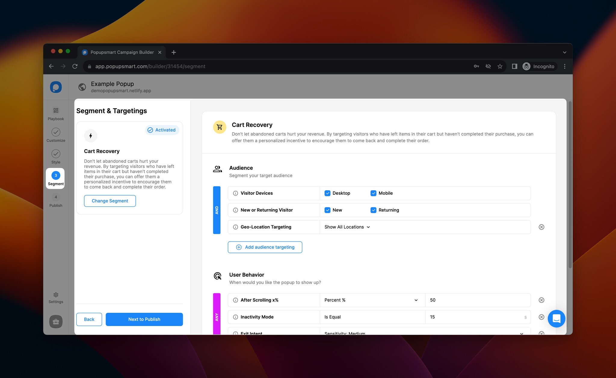 Popupsmart'ta segment ayarlarını yapmak