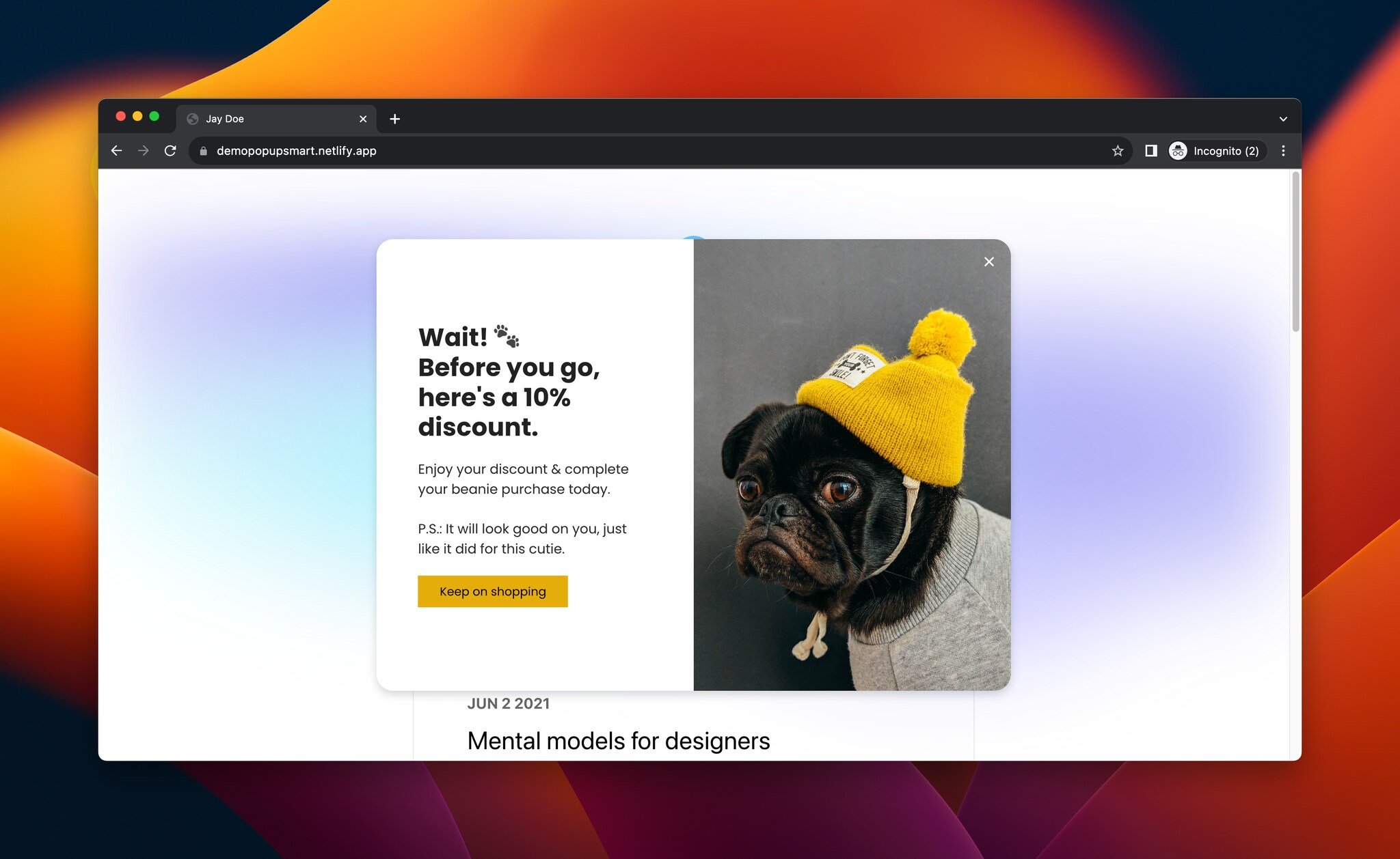 Popupsmart ile bir web sitesinde oluşturulan açılır pencerenin son hali