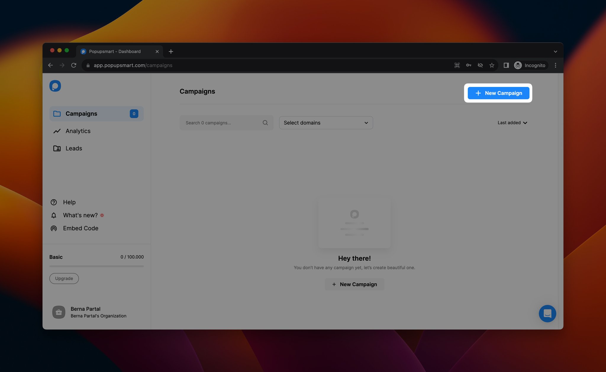 Popupsmart panosunda yeni kampanya oluşturma