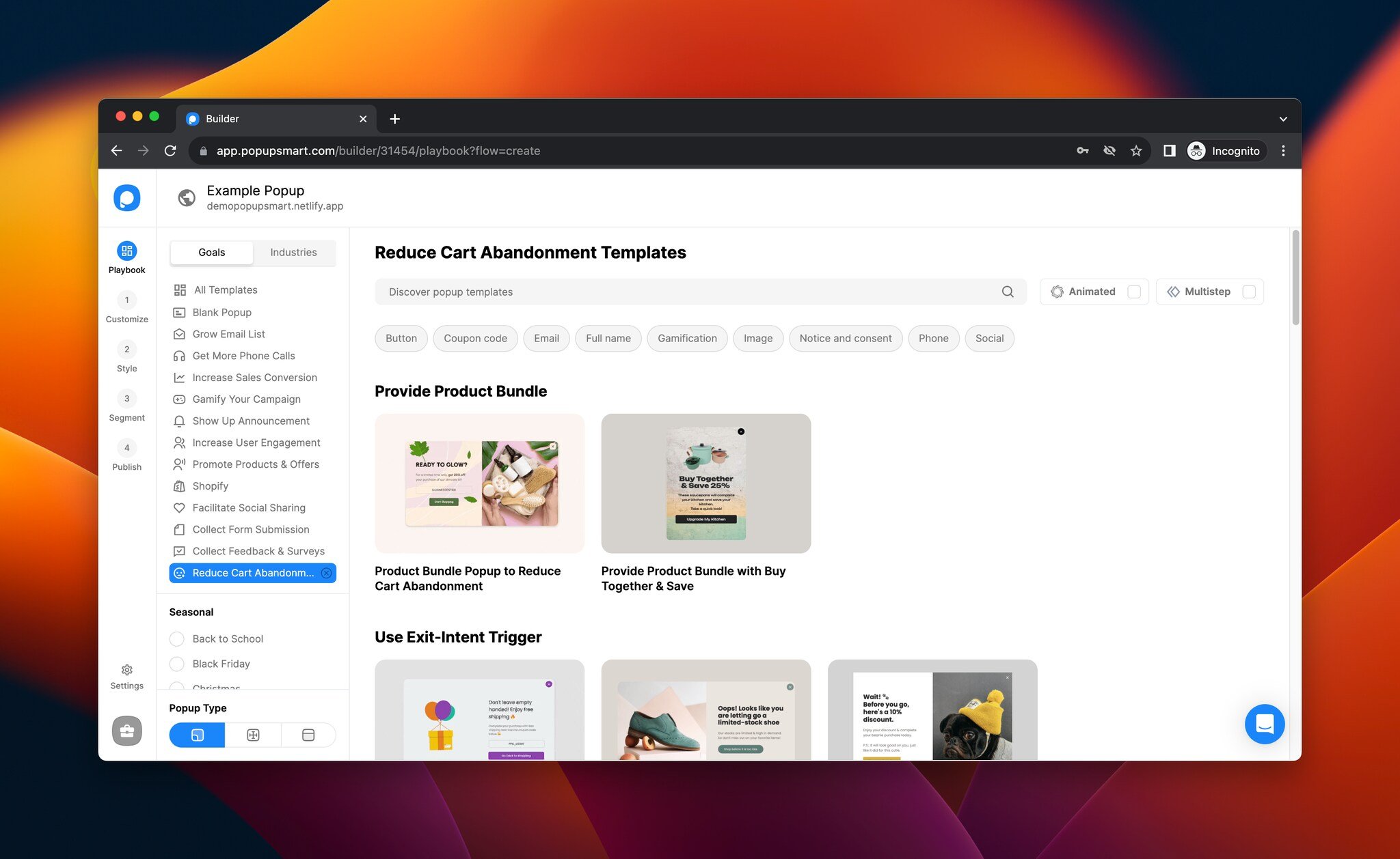 Popupsmart'ın playbook'undan pop-up şablonu seçmek