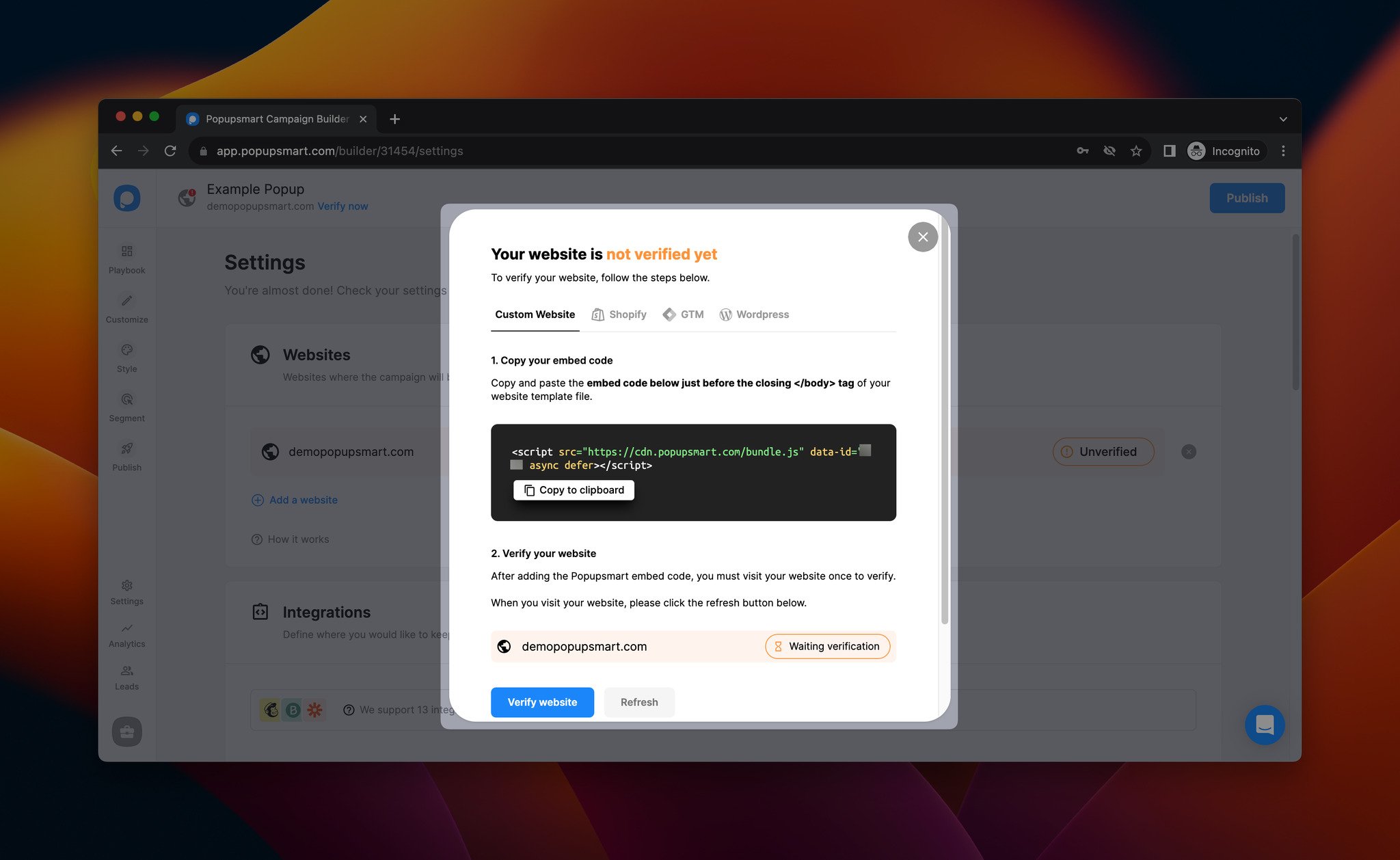 Popupsmart'ta alan adı doğrulama