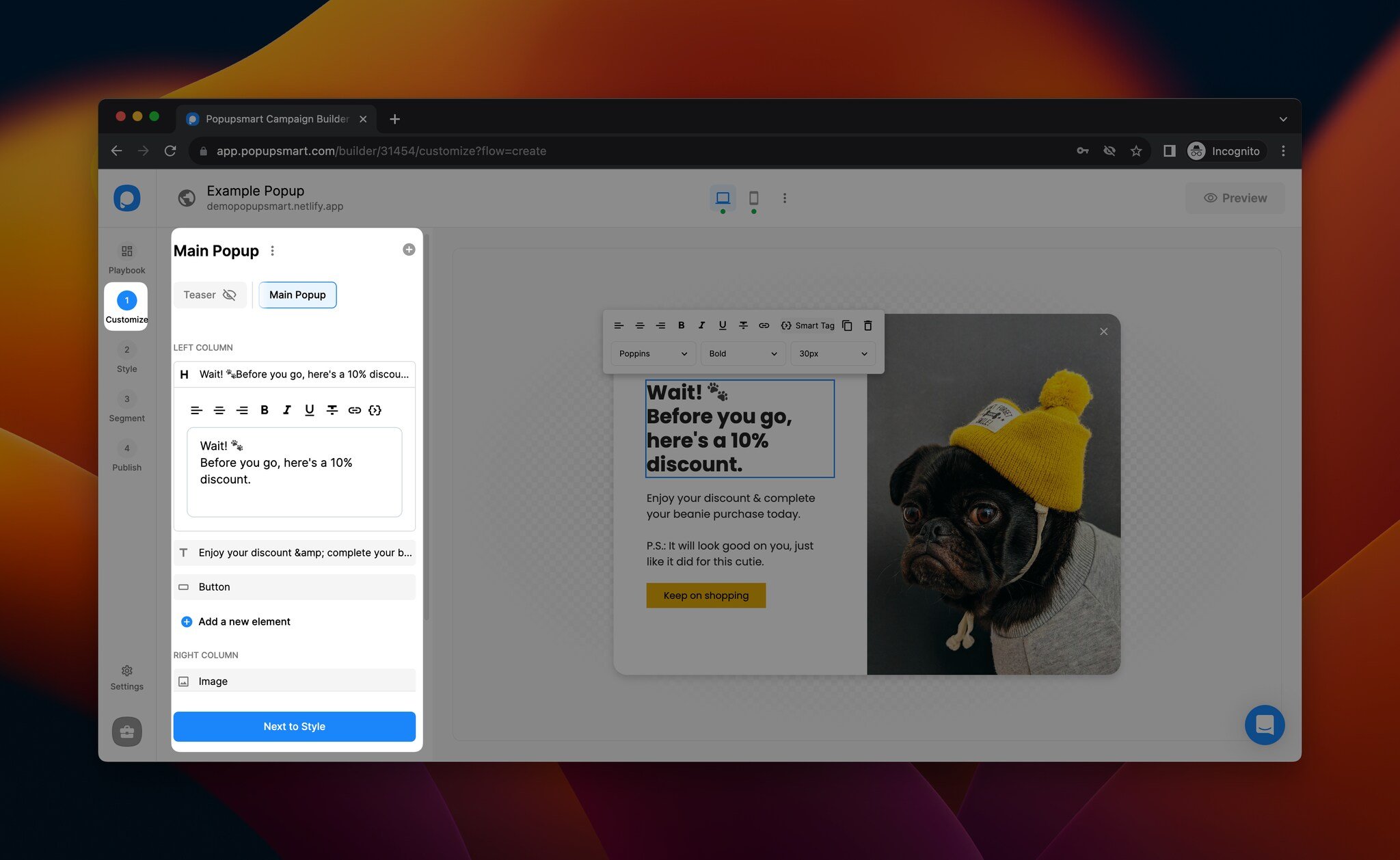 Popupsmart'ta pop-up şablonunu özelleştirmek