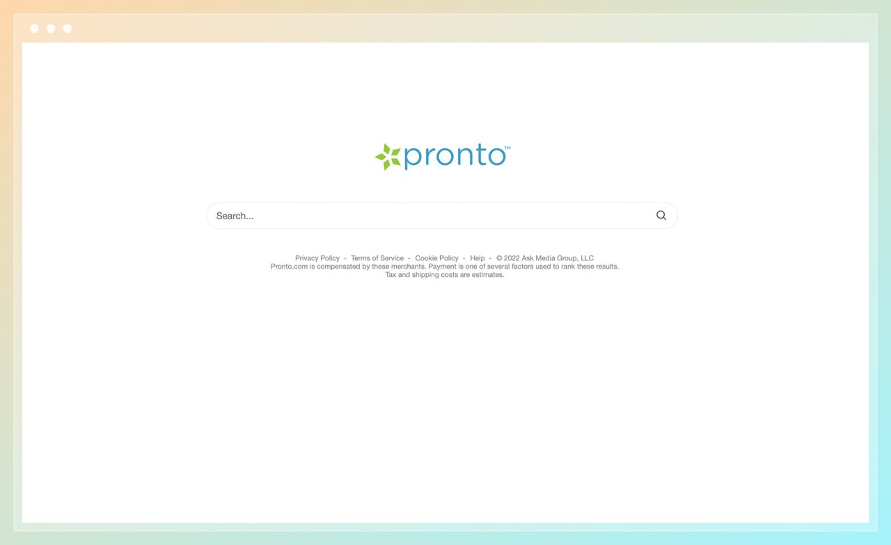 the screenshot of Pronto shopping search engine with the logo of Pronto and a search bar
