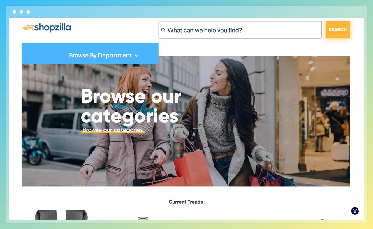 the screenshot of Shopzilla shopping search engine website inclusing a search bar and two women happily shopping