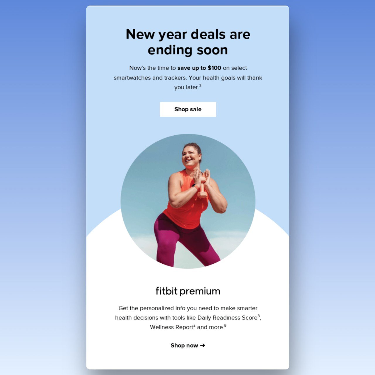 Spor yapan bir kadının resmi ile Fitbit yeni yıl e-postası örneği