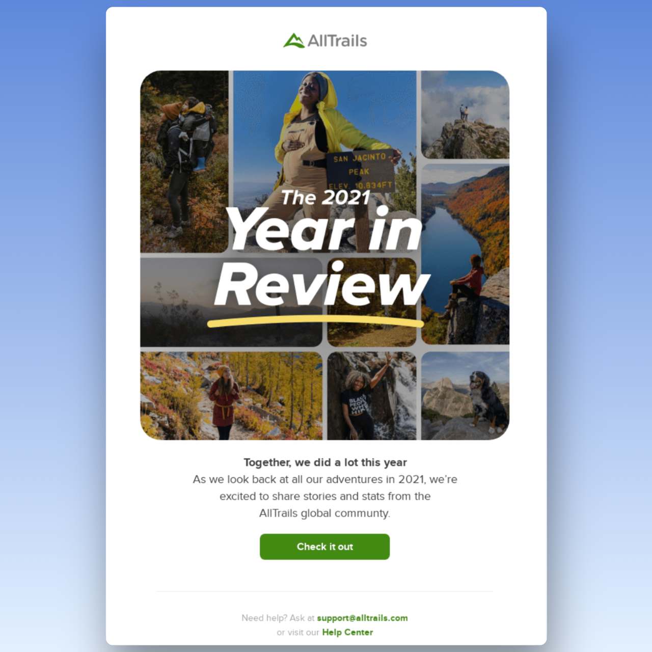 AllTrails. okuyuculara yıllık bir rapor sunan ve başlığı "geçen yılın değerlendirmesi" olan yeni yıl e-postası