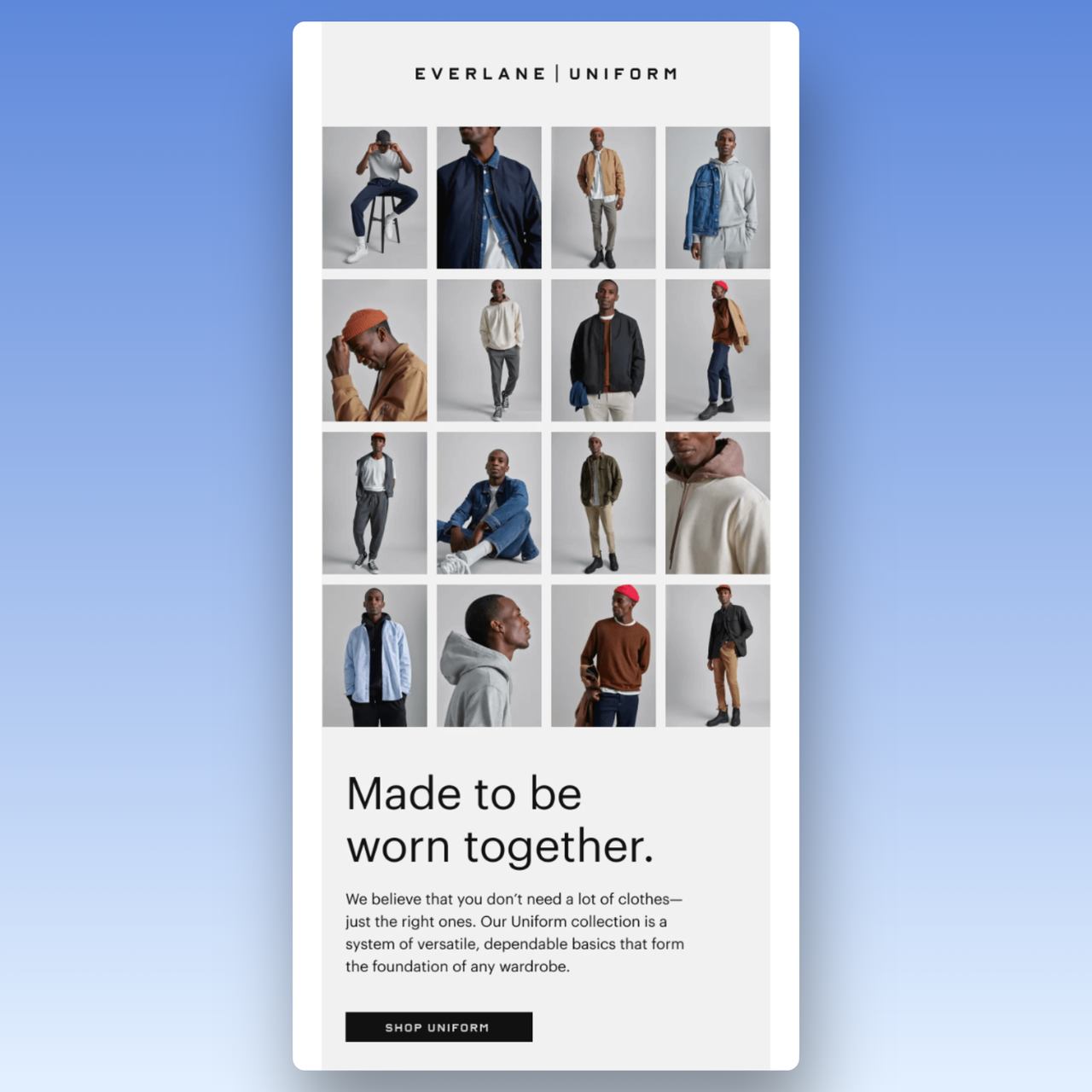 Everlane yeni yıl e-postası örneği, farklı stillerde modelllerin küçük resimlerinin birleştirilmiş hali