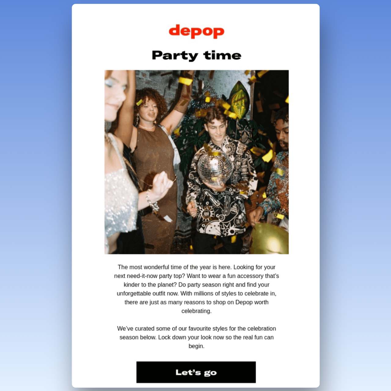 Depop yeni yıl e-posta örneği, yeni yıl partisinde dans eden insanları gösteriyor