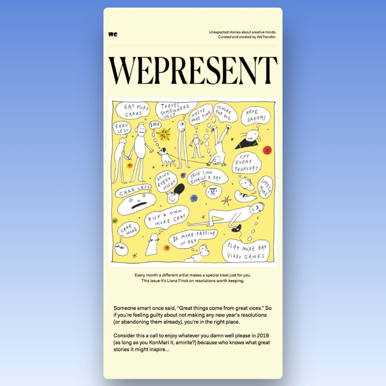 WeTransfer'in yeni yıl e-postası, WeTransfer logo stilinde başlık görünümlü "WePresent" yazısı