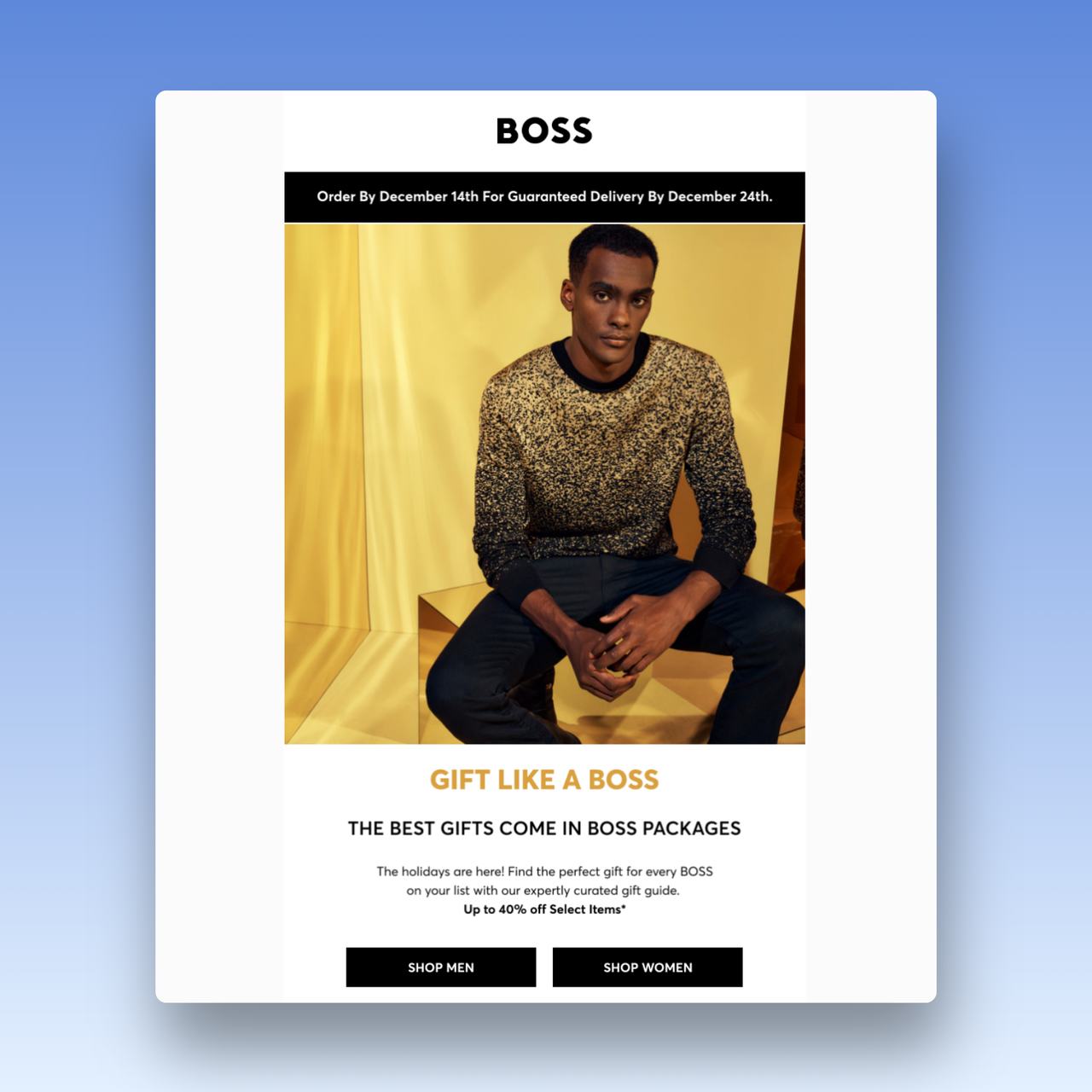 Hugo Boss e-posta konusu, Hugo Boss’un yeni koleksiyonunu giyen bir modelin resmini gösteriyor