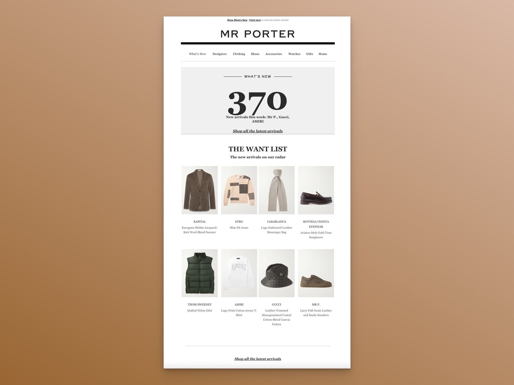 Mr. Porter'dan gelen yeni ürün duyuru e-postasının ekran görüntüsü