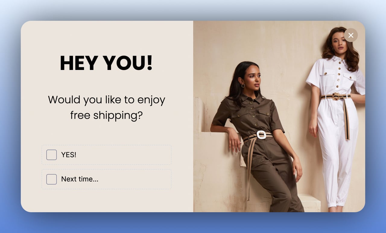 first step of a multistep popup offering free shipping with two female models on a beige background