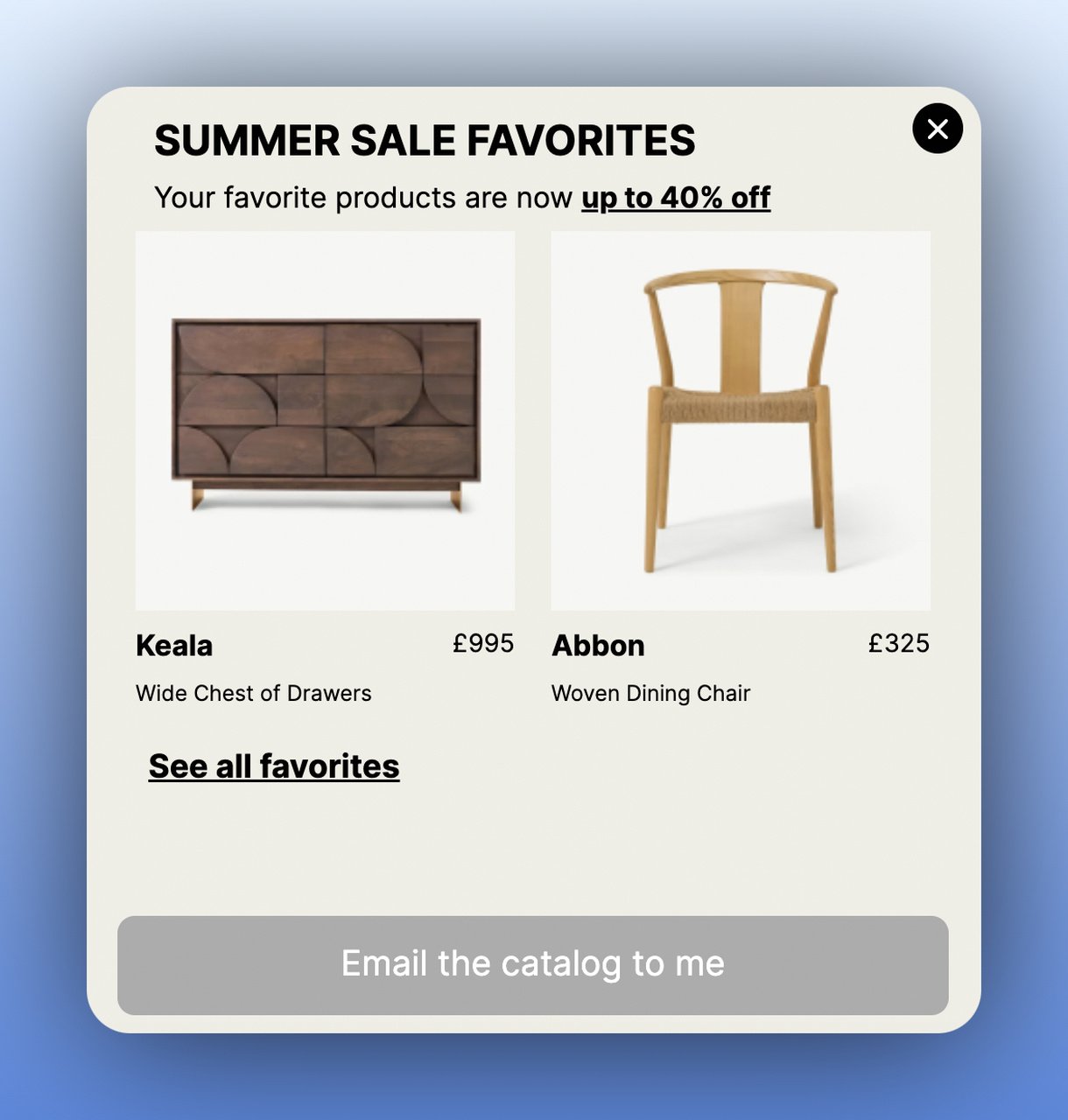 first step of a summer sale multistep popup featuring furniture with prices on a beige background