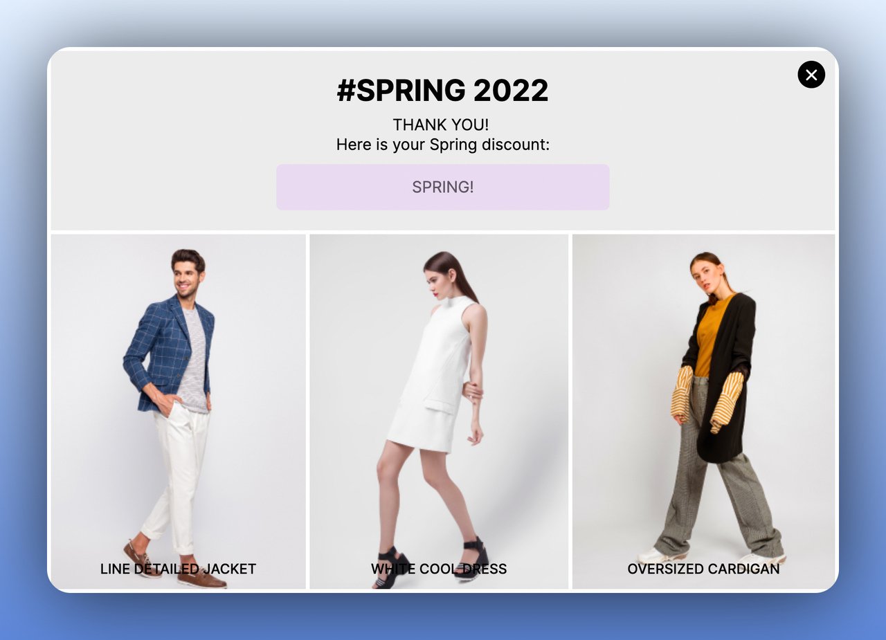 second step of an announcement multistep popup offering a discount code with models