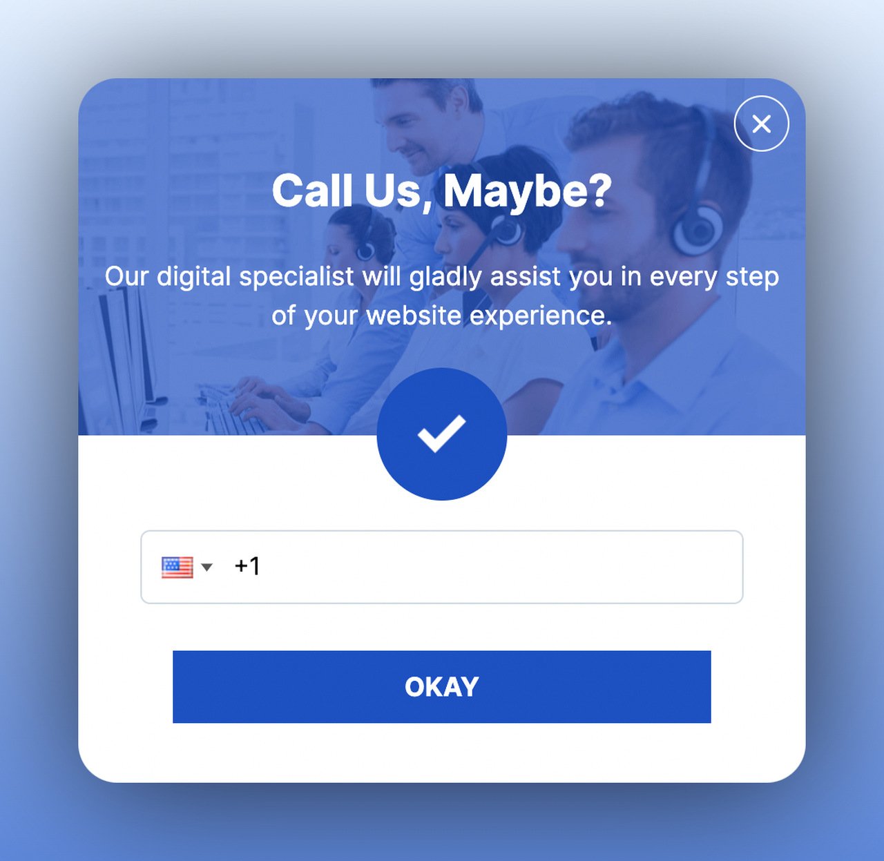 second step of a support multistep popup with a phone number input field on a blue filtered background