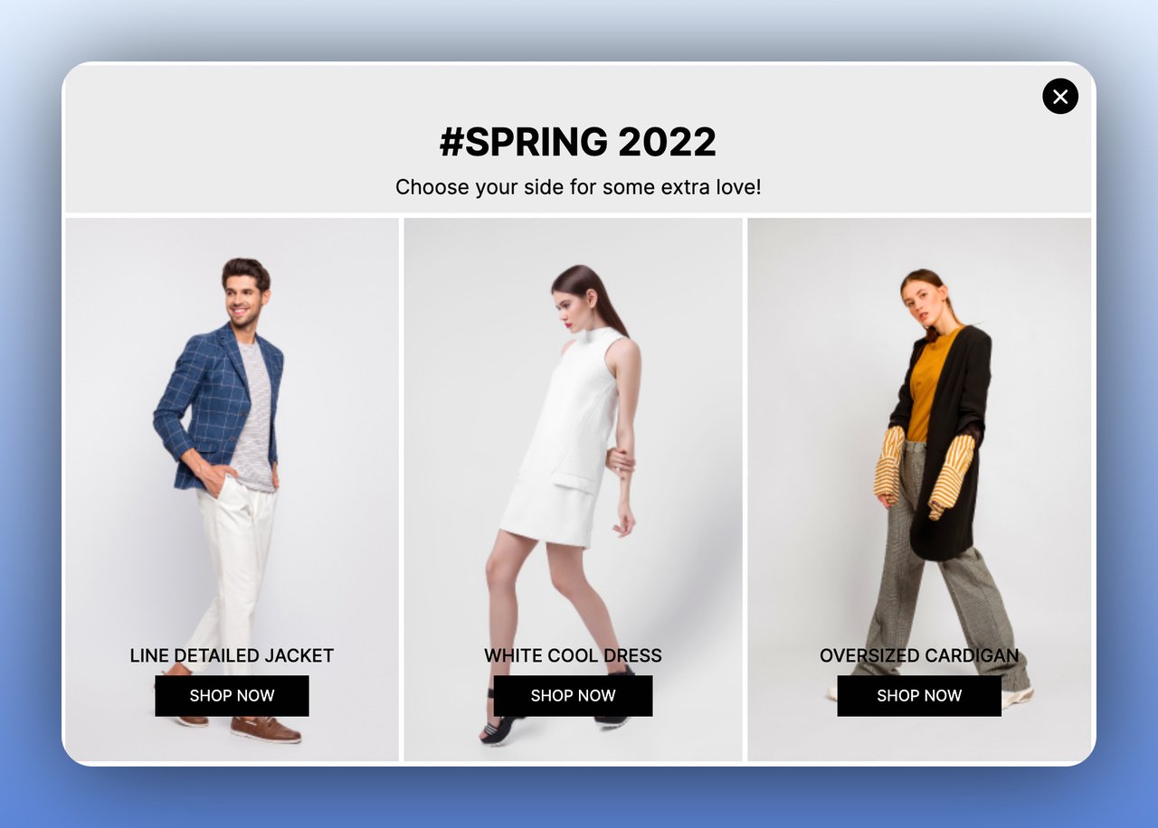 first step of an announcement multistep popup featuring models with shop CTA buttons