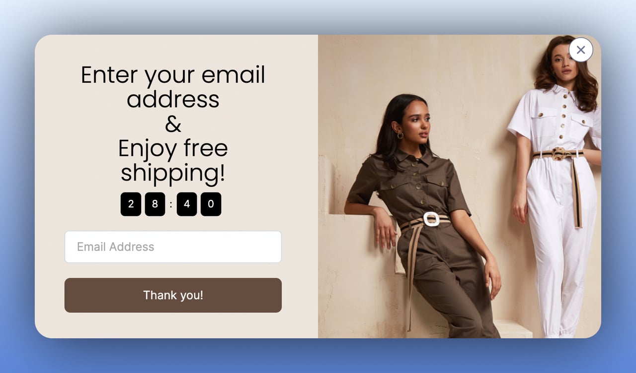 second step of a multistep popup asking for email address in return for free shipping on a beige background