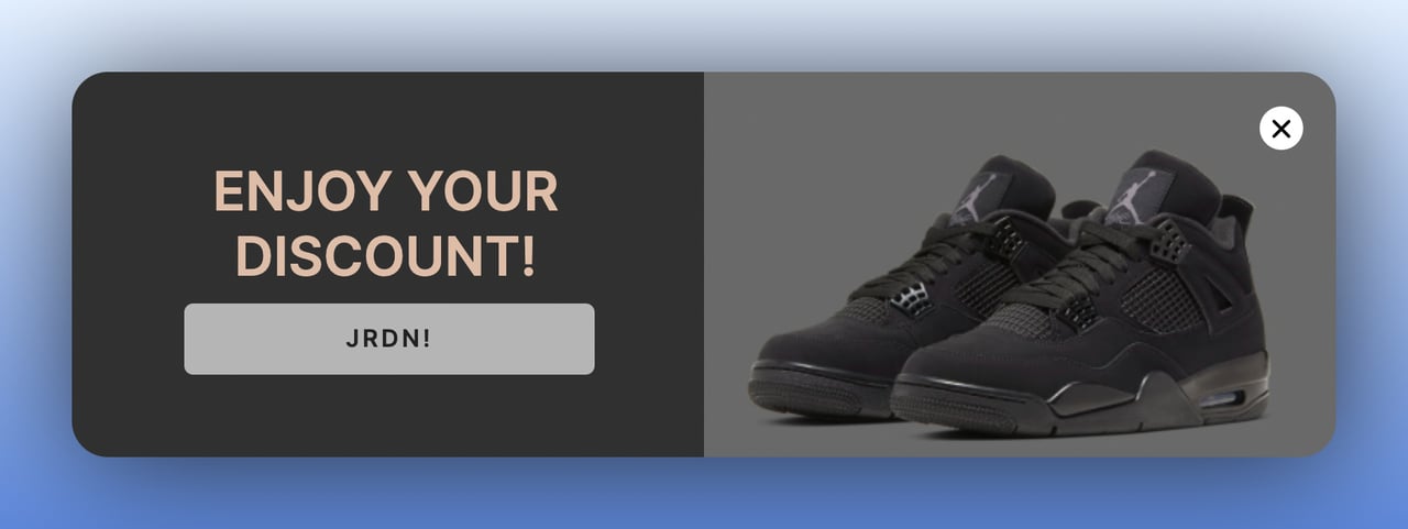 second step of a multistep popup offering a discount code for air jordan sneakers with a dark theme