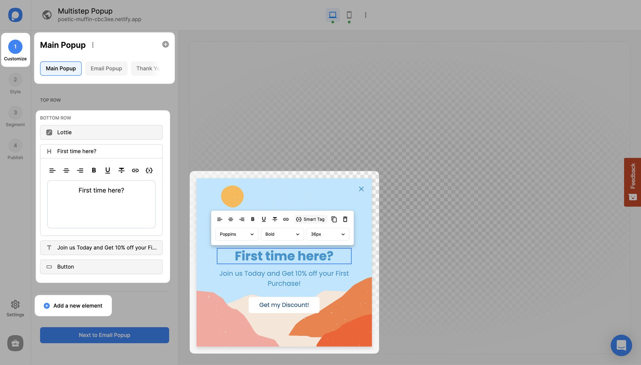 multistep popup editing options in Popupsmart editor showing text and element customization