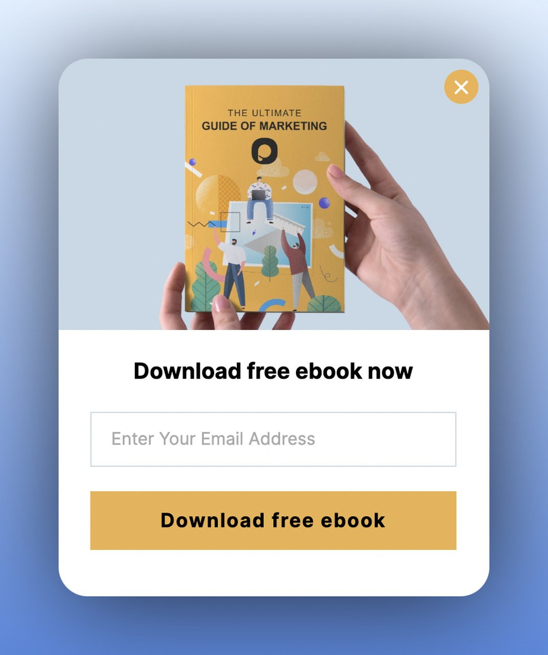 first step of an ebook download multistep popup with a yellow book illustration and email input field