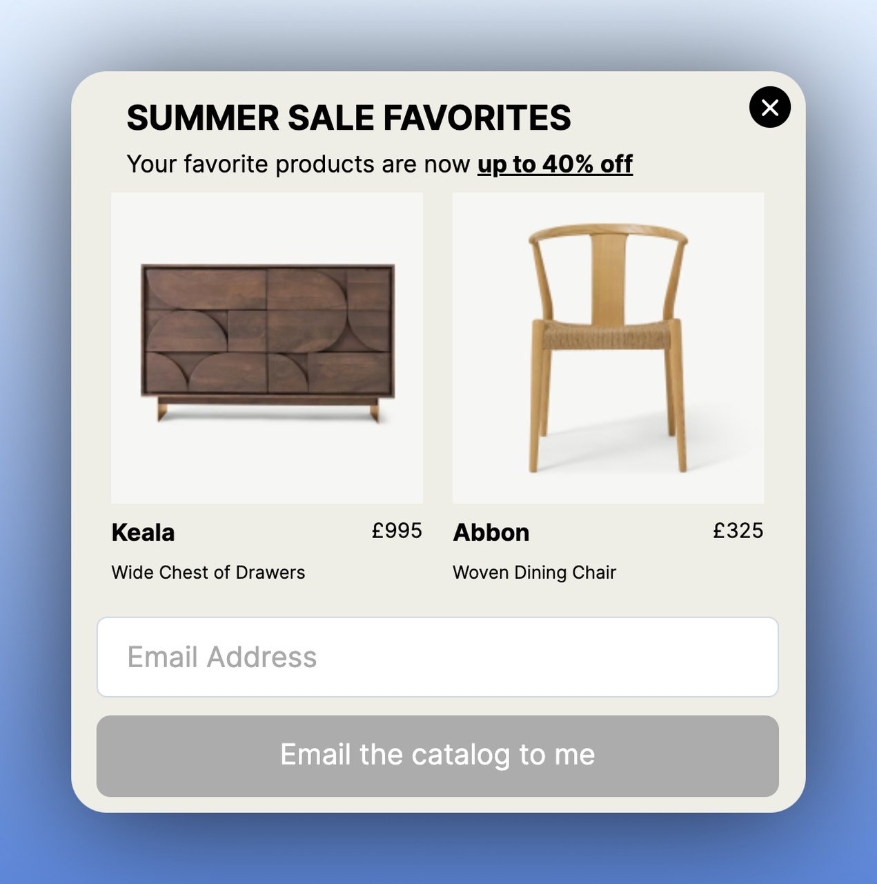 second step of a summer sale multistep popup with an email collection form on a beige background