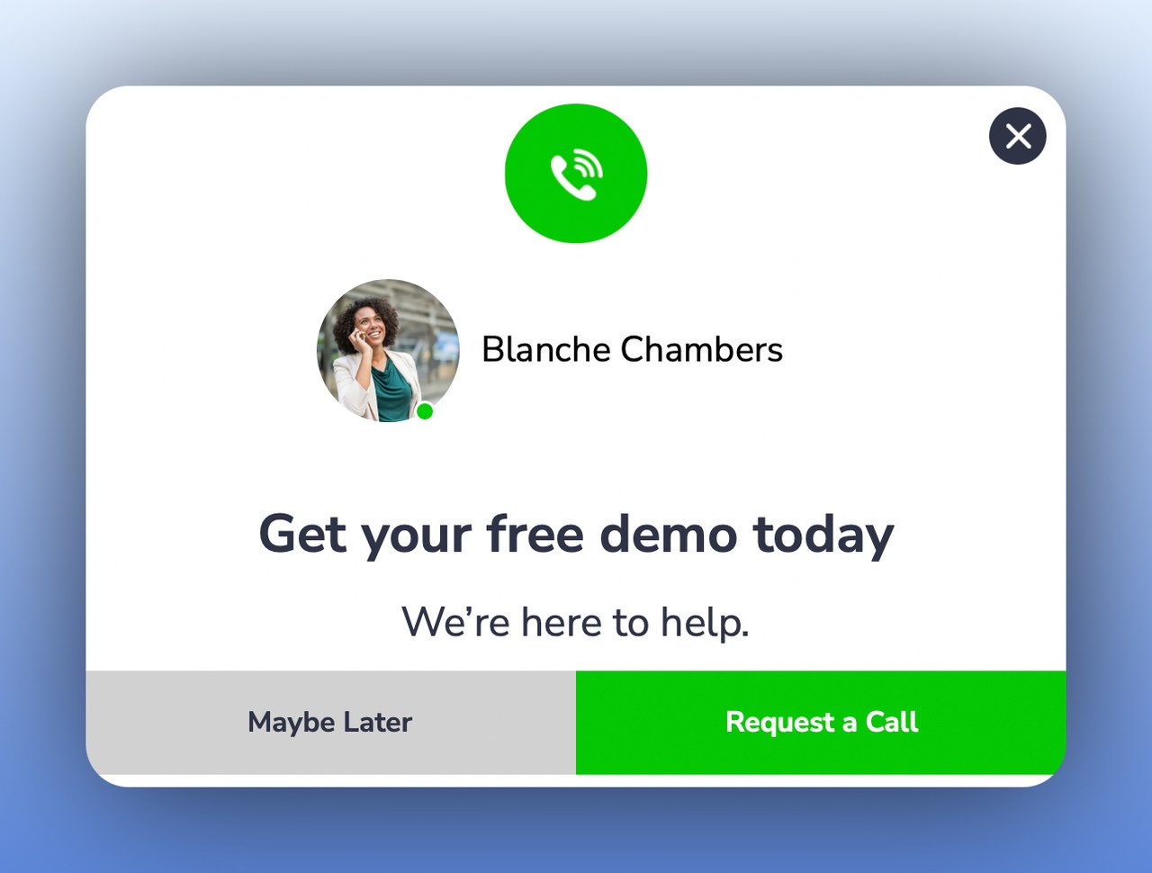 first step of a multistep popup offering a free demo with a request a call button and maybe later option