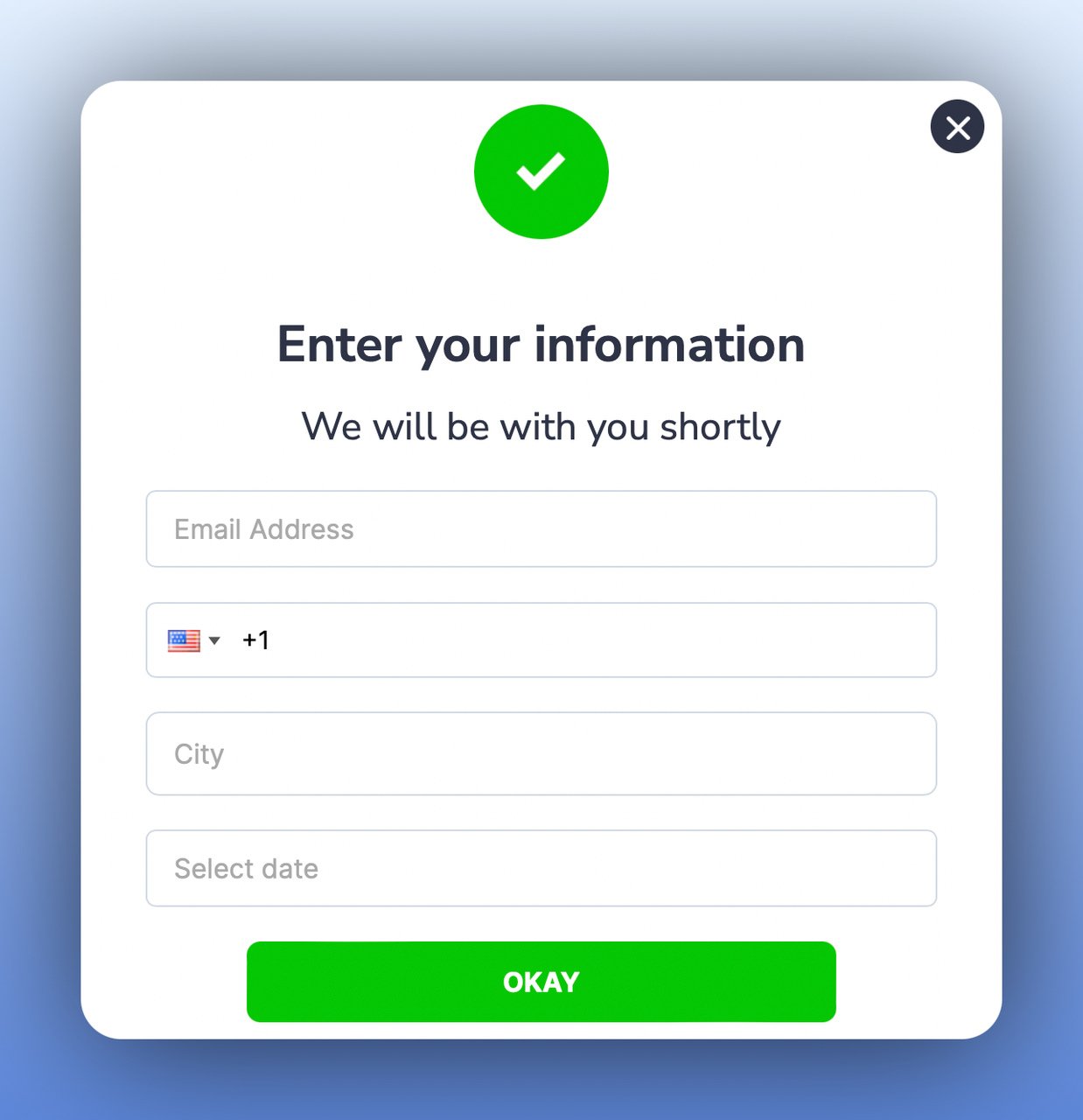 second step of a multistep form popup with information input boxes and a submit button