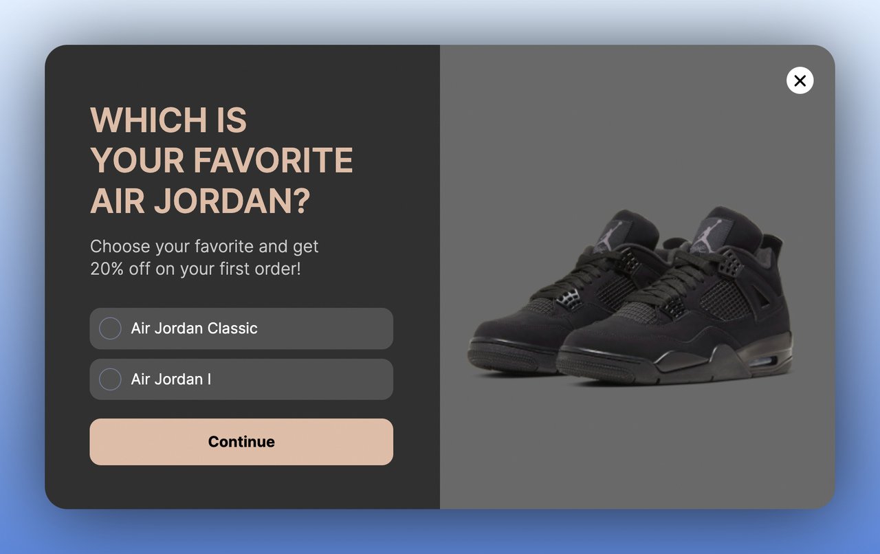 first step of a multistep popup featuring air jordan sneakers asking recipients to choose their favorite style with a dark theme