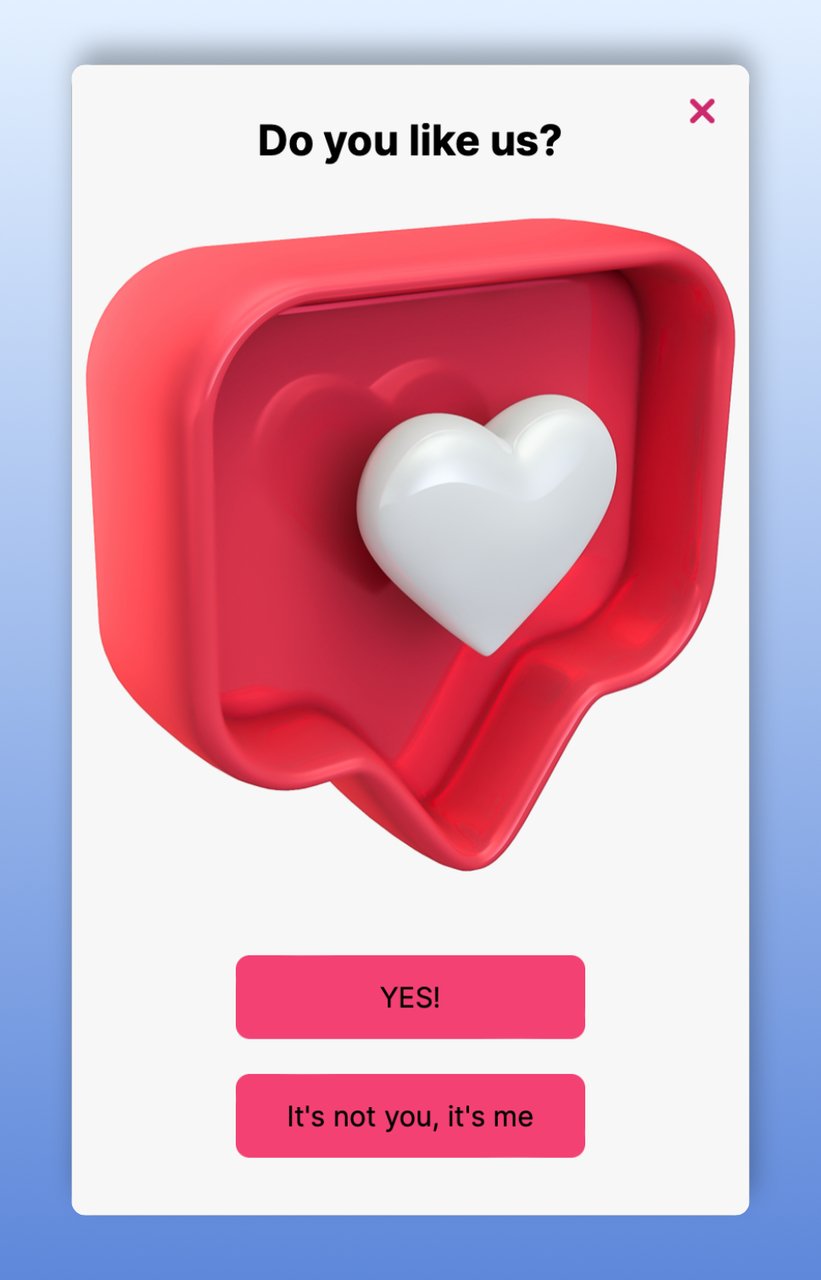 first step of a social sharing multistep popup asking do you like us with a 3d heart illustration