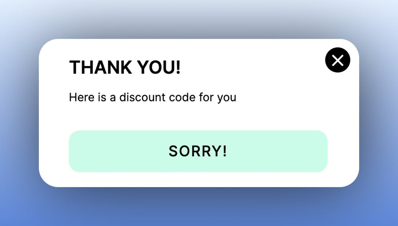 second step of a feedback multistep popup showing a thank you message and offering a discount code