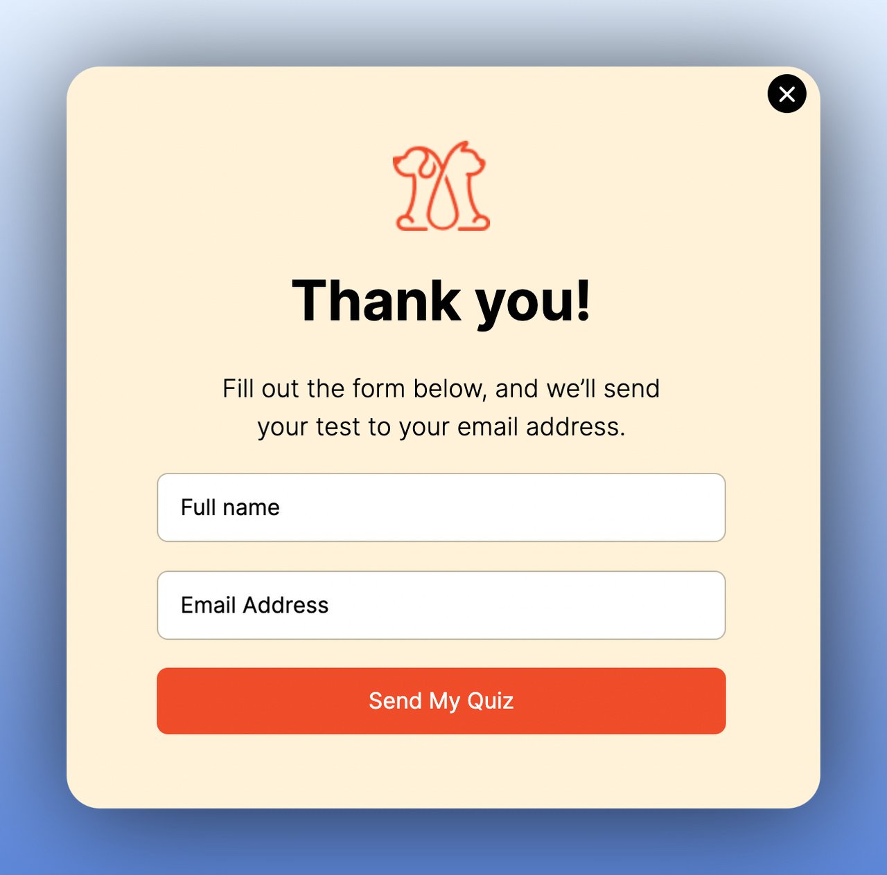 second step of a quiz multistep popup with name and email input fields and a send my quiz button